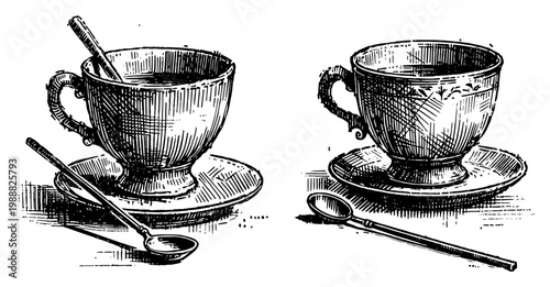Tea and coffee cups with saucers and spoons set hand drawn sketch, porcelain kitchenware for breakfast, cozy beverage engraved style vector illustration