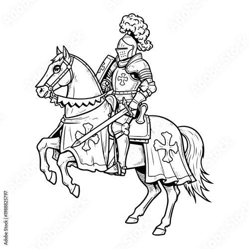 Medieval knight on horse hand drawn sketch, crusader warrior in armor with sword and shield, historical horseman engraving vector