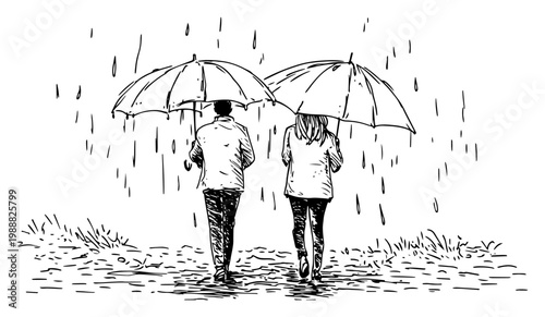 Couple walking in rain with umbrellas sketch, romantic rainy day street scene, hand drawn autumn weather vector illustration