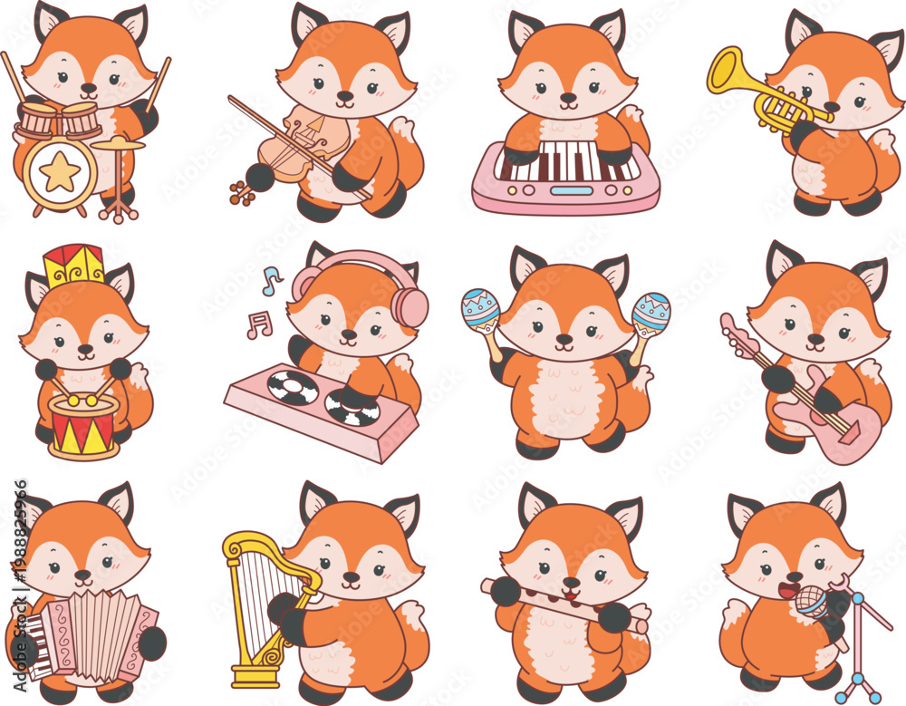 Obraz premium Cute set of Fox sticker with activity. Fox with variation of random activity