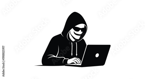 Anonymous hacker silhouette a digital phantom working on a laptop