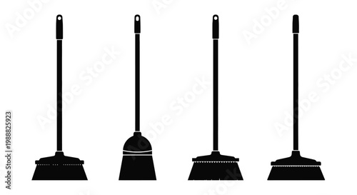 Four black brooms arranged in a row simple silhouette