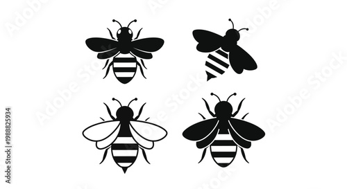 Four black bee illustrations with striped abdomens a graphic silhouette