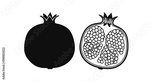 Pomegranate illustration featuring a whole fruit and a cut version silhouette