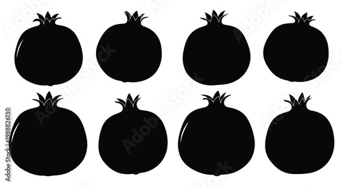 Eight black pomegranate shapes arranged on a white background silhouette