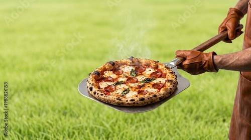 Pizzaiolo holding peel with hot pepperoni pizza. Professional chef making traditional italian meal in outdoor kitchen. Gourmet food preparation and culinary craftsmanship concept.