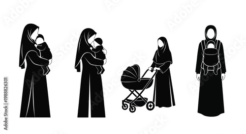 Four mothers with babies depicted in a striking black silhouette