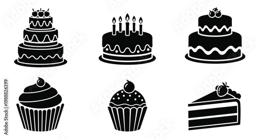 Assorted birthday cakes and treats displayed in black silhouette