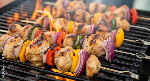 Chicken and vegetable skewers sizzling over hot coals on a grill