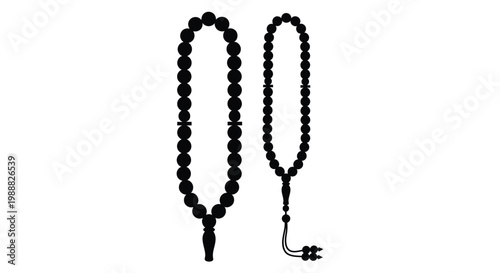 Two strands of prayer beads displayed against a white background silhouette