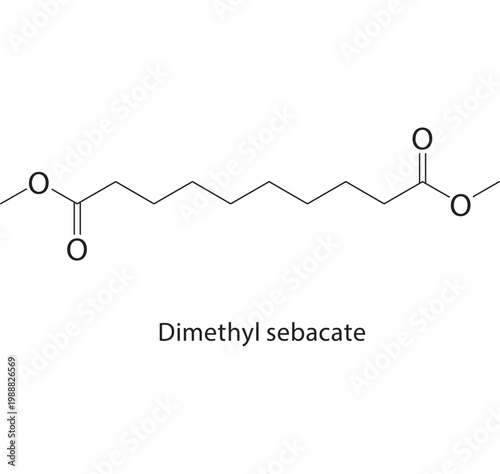 Dimethyl sebacate skeletal structure. ester compound schematic illustration. Simple diagram, chemical formula.