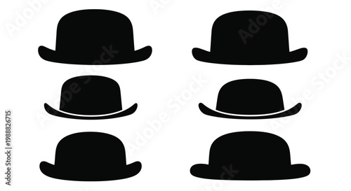 Collection of black bowler hats displayed against a white background silhouette