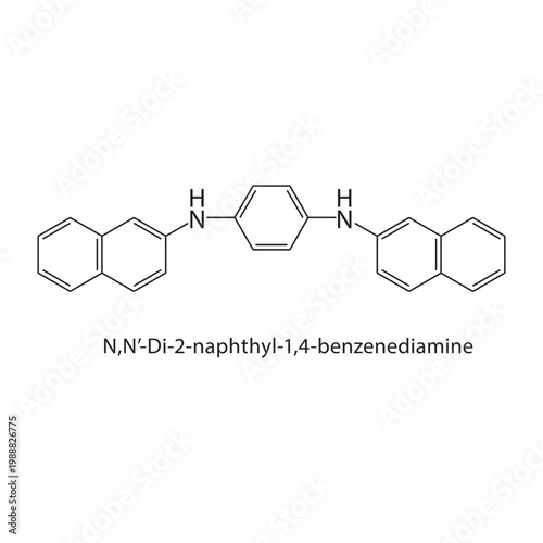 N,N’-Di-2-naphthyl-1,4-benzenediamine skeletal structure. diamine compound schematic illustration. Simple diagram, chemical formula.