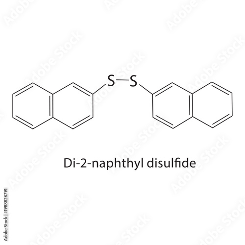 Di-2-naphthyl disulfide skeletal structure. disulfide compound schematic illustration. Simple diagram, chemical formula.