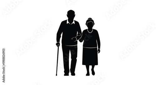 Elderly couple walking hand in hand a striking black silhouette