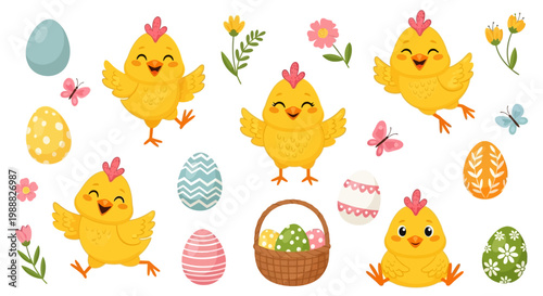 Easter chick icons, Easter eggs, spring flowers, basket, colorful vector illustrations, holiday decorations