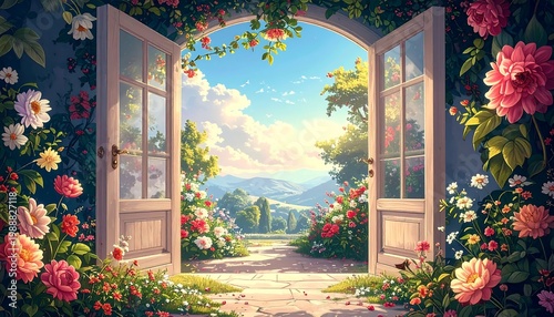A sunlit scene features open doors framing a vibrant garden path leading towards distant mountains under a blue sky