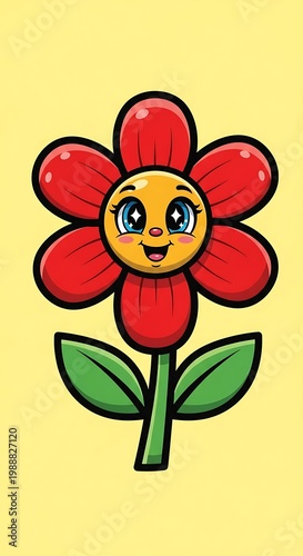 Cartoon red flower with a happy face and big blue eyes on yellow background
