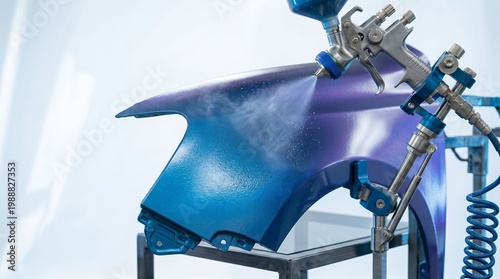 Painter using spray gun to paint car fender. Industrial auto body coating. Automotive repair service, vehicle customization, manufacturing, professional maintenance, metal finishing process.