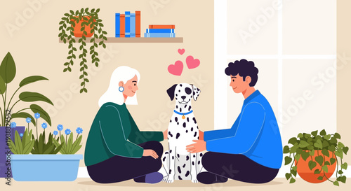 Dalmatian dog, loving family, heart, sitting, indoor, illustration, pets