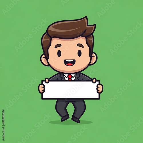 Cheerful businessman in suit holds blank sign, ready for custom text