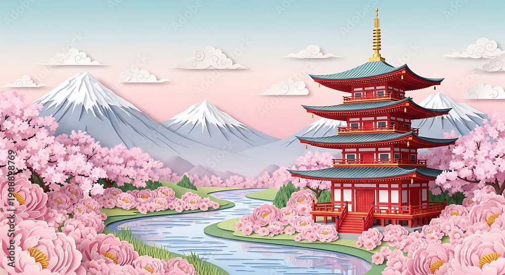 Fototapeta premium Japanese Pagoda Surrounded by Cherry Blossoms and Peonies with Snow capped Mountains