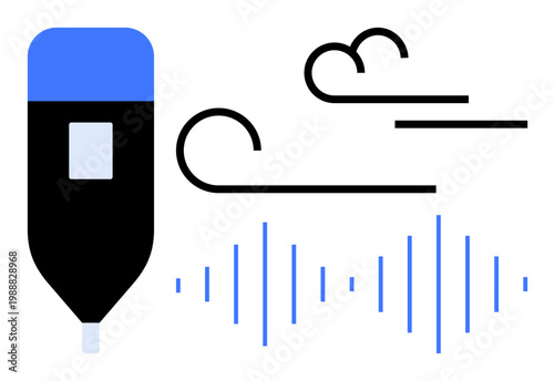 Audio editing, voice transcription, digital communication, sound design, technology tools, AI applications. Black and blue pen with sound waves and voice-inspired lines. Audio editing and voice