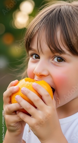 Child bites into juicy peach outdoors, juice dripping