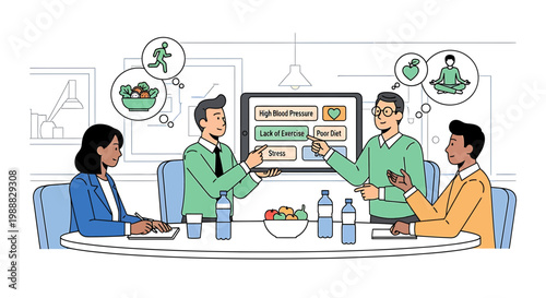 Diverse team discusses wellness, health, and work-life balance at a meeting table.