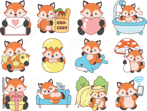 Cute set of Fox sticker with activity. Fox with variation of activity