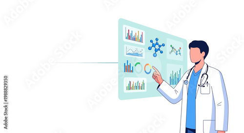Doctor analyzing medical data on futuristic digital screen with charts and molecules