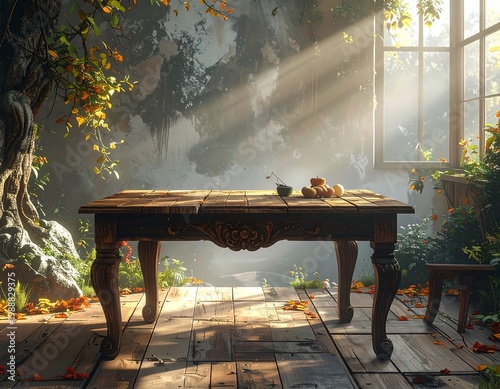 A sunlit scene inside a rustic room. An ornate wooden table is central, fruit adorns it. Foliage frames a large window and sunbeams