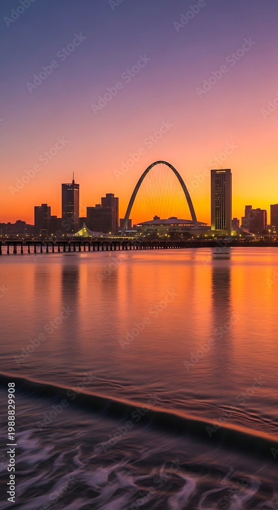 Fototapeta premium City skyline with iconic arch at sunset, water reflection, vibrant sky