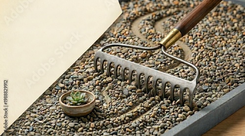 Zen garden rake and small succulent on gravel surface  