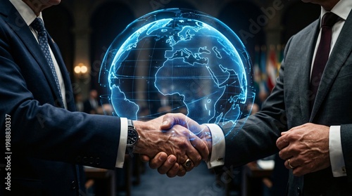 Global handshake symbolizing international cooperation and connectivity
