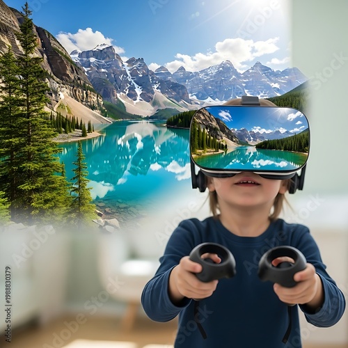 Child experiences stunning mountain lake vista via virtual reality headset