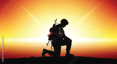 Solemn Silhouette of a Kneeling Soldier at Sunset, Honoring Sacrifice and Remembrance on a Fiery Horizon