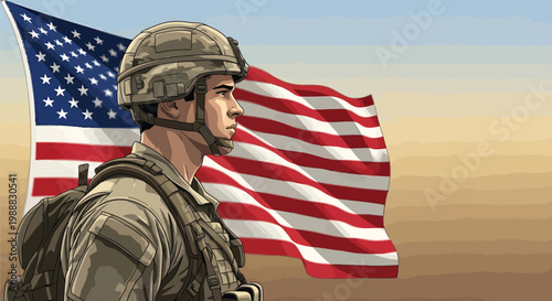 Dedicated military hero in full gear gazes forward with the Stars and Stripes waving behind, representing duty, honor, and national pride