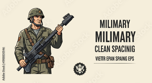 Illustration of a soldier in uniform holding a rifle with a vintage aesthetic, perfect for military or historical themes