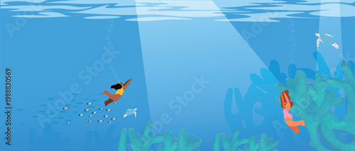 Diverse Women Snorkeling Together in Coral Reef, Tropical Eco Tourism and Marine Biodiversity