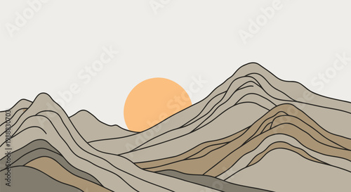 Minimalist mountain landscape vector, bohemian sunset over desert peaks, neutral earth tone line art for modern wall decor and web backgrounds