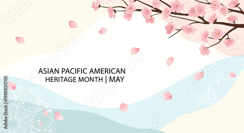 Asian Pacific American Heritage Month banner for May, cherry blossom floral background with falling pink petals, elegant spring celebration vector
