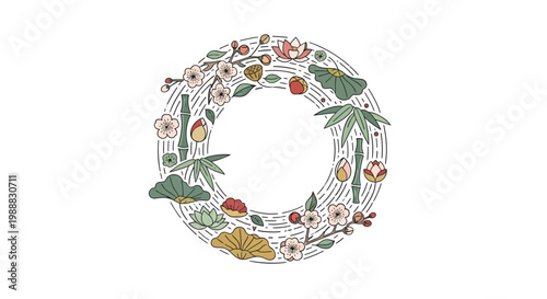Japanese floral wreath vector with cherry blossoms and bamboo, oriental botanical circular frame, zen garden nature border for wedding invitations