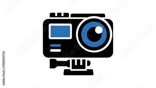 Modern flat vector icon illustration of a rugged action camera on a mount, perfect for capturing extreme sports and adventure videos. High-quality scalable digital graphic on a white background.