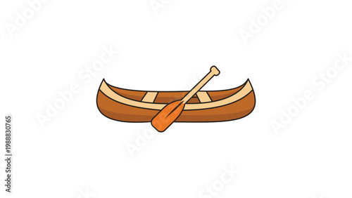 Modern Flat Wooden Canoe and Paddle Vector Icon Illustration. Minimalist outdoor adventure boat for lake and river travel. Editable stroke vector graphic for web, app, and print design projects.
