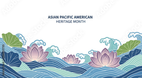 Asian Pacific American Heritage Month Illustration with Lotus Flowers and Wavy Water Design