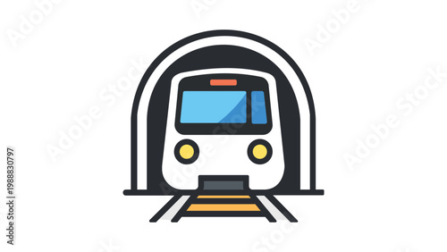 Cuadro en lienzo Modern flat vector icon of a subway train emerging from a tunnel, front view illustration on a white background, clean minimalist design for public transportation, metro, and urban transit