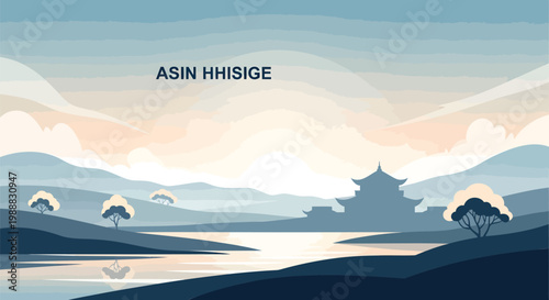 Serene Asian Landscape with Traditional Architecture and Gentle Water Reflections