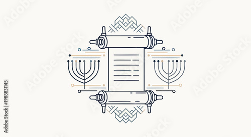 Jewish Torah scroll with menorah candelabra, religious Hebrew parchment vector illustration, traditional Hanukkah and Judaism holiday symbol