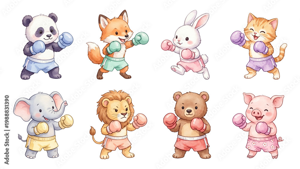 Obraz premium Collection Set of Funny cartoon vector icon set illustration of a cute baby animal character playing boxing with sport featuring an animal icon collection watercolor pastel style Sticker Design